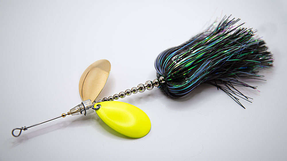 Black Iridescent skirt with gold and chartreuse blades